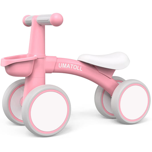 Baby Balance Bike for 1 Year Old Boys Girls, 12-24 Months Toddler Balance Bike with Removable Basket, Adjustable Seat, 4 Wheels Infant Bike, First Birthday Gift, Pink